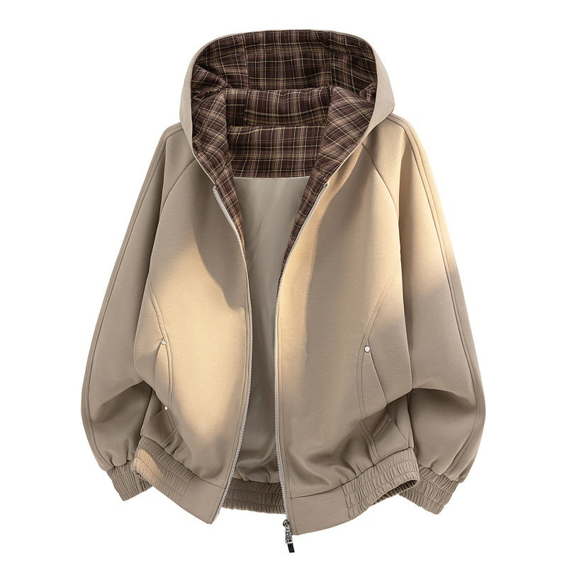 Damen lässiger Sweat-Bomber mit gesteppter Karofütterung in Kapuze und elastischem Saum EB