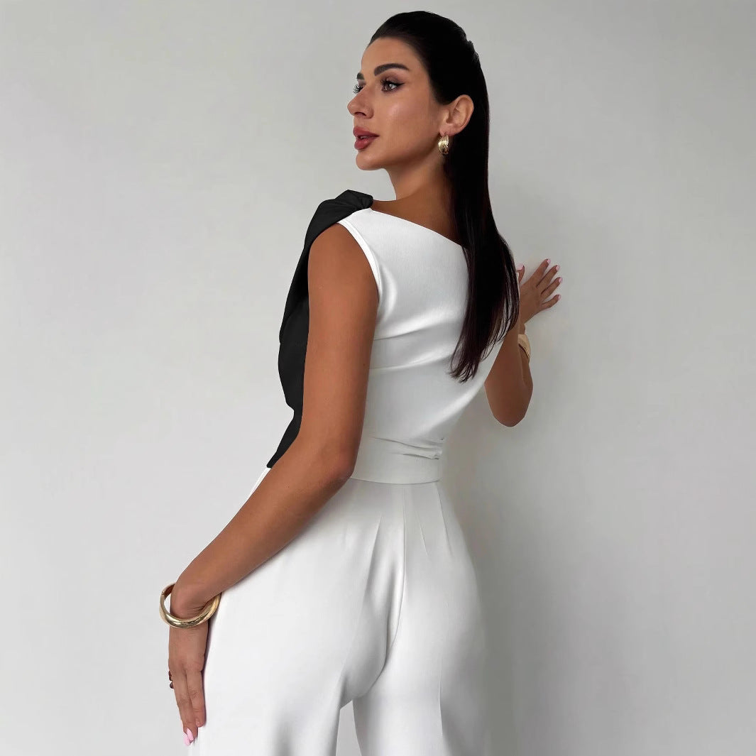 Damen nan elegantes asymmetrisches Drapiertop mit überkreuzter Vorderpartie und figurbetonter Taille EB