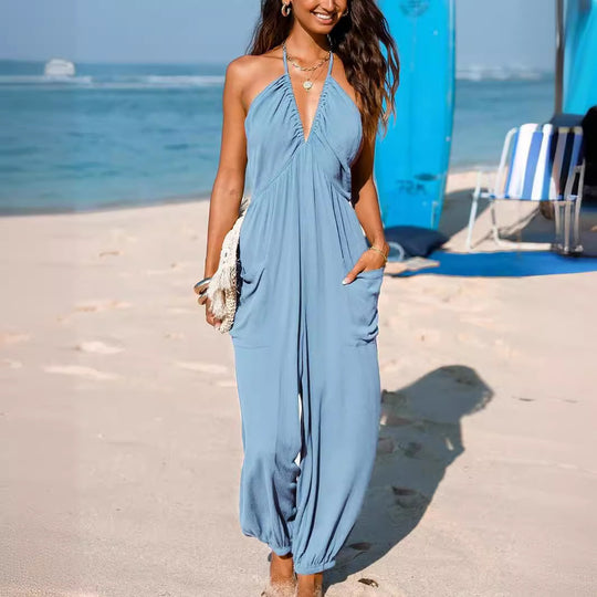 Damen lässiger Jumpsuit mit tiefem Ausschnitt und praktischen Taschen EB