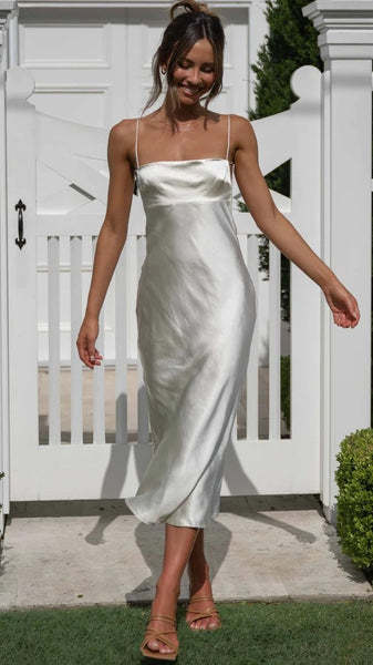 Damen Satin Maxikleid mit tiefem Schlitz und zarten Spaghettiträgern EB