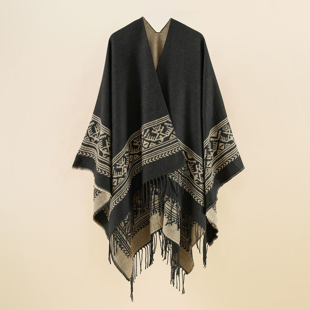 Damen Wolloptik-Überwurf im Kimono-Stil mit grafischem Bordürenjacquard und Fransensaum EB