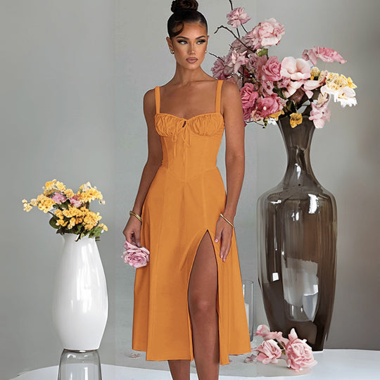 Damen raffinierte Midi-Robe mit tiefem Schlitz und Rüschendetails EB
