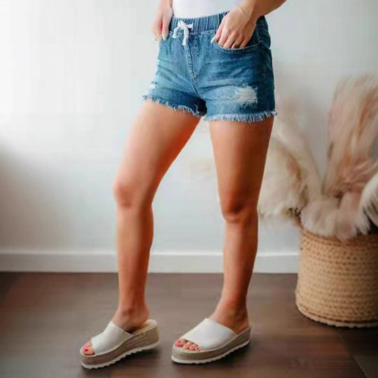 Damen Denim-Shorts mit elastischem Bund und modischen Destroyed-Elementen EB