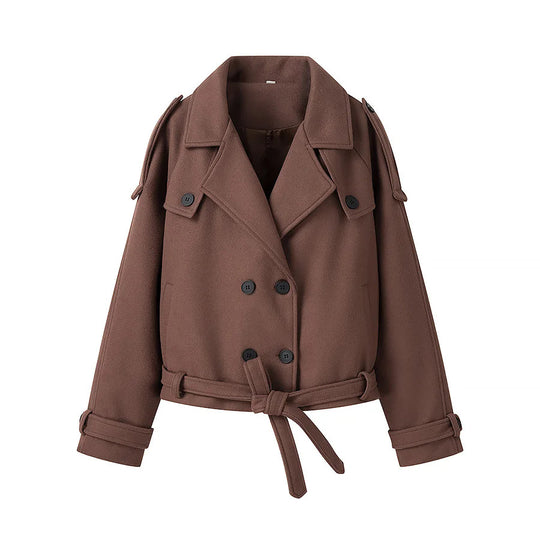Damen elegante Kurzmantel mit doppelter Knopfreihe und Taillengürtel EB