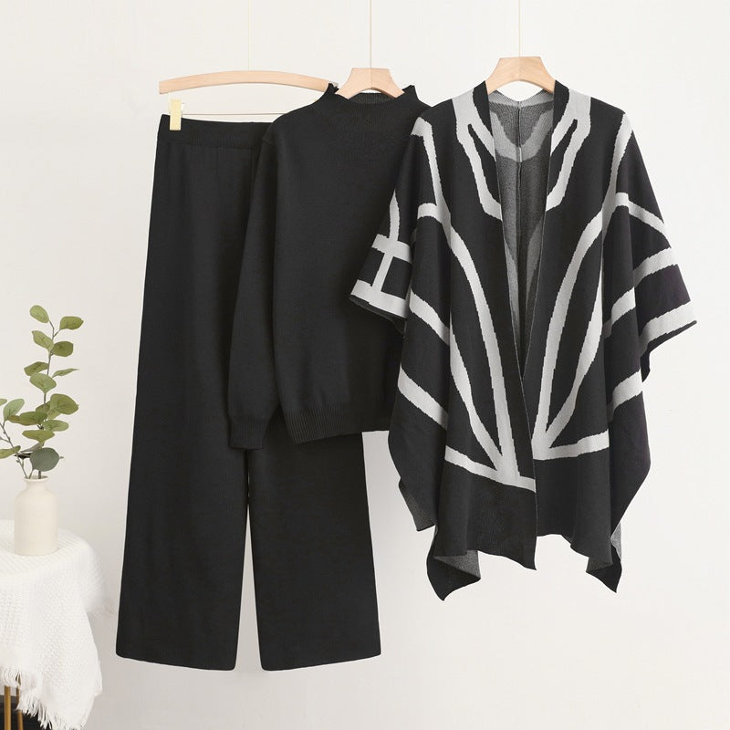 Damen trendiges Strick-Loungewear-Set mit grafischem Poncho-Design EB