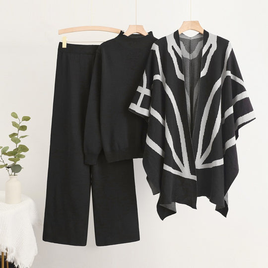 Damen trendiges Strick-Loungewear-Set mit grafischem Poncho-Design EB