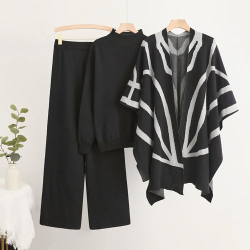 Damen trendiges Strick-Loungewear-Set mit grafischem Poncho-Design EB