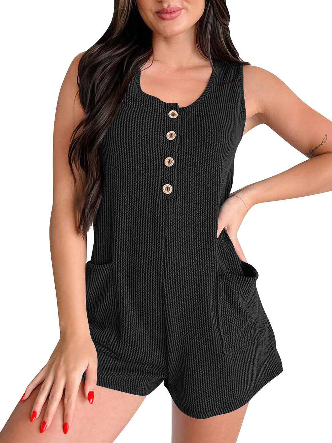 Damen Jumpsuit mit strukturiertem Muster und dekorativen Knöpfen EB