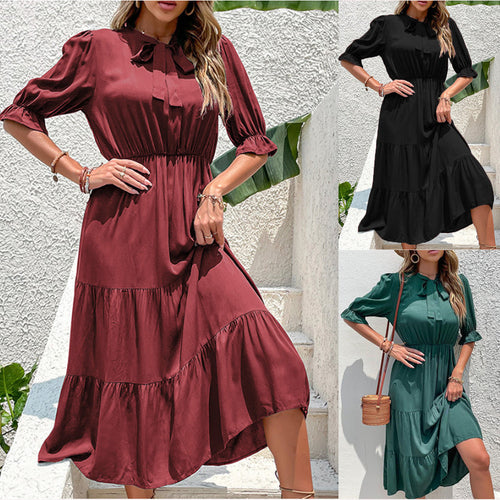 Damen Fließendes Maxikleid mit Gürtel und Rüschen EB