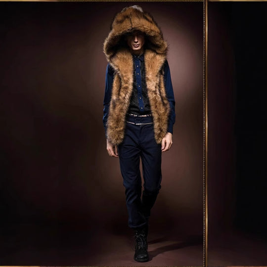 Herren Elegante Kunstpelz-Weste mit tiefem Kragen und luxuriösem Design EB