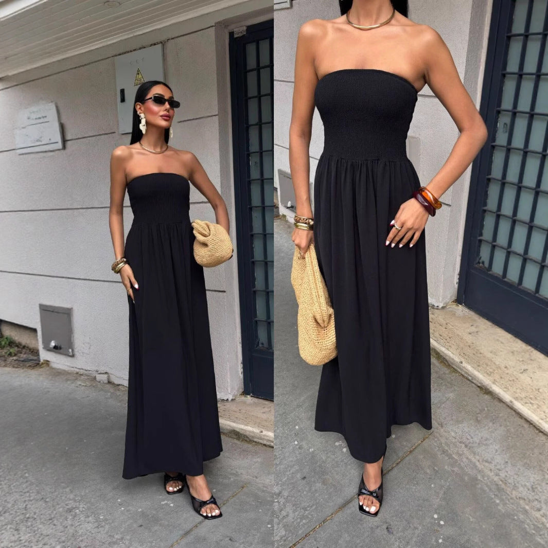 Damen elegantes Maxikleid mit schulterfreiem Design und elastischem Tailleneinsatz EB