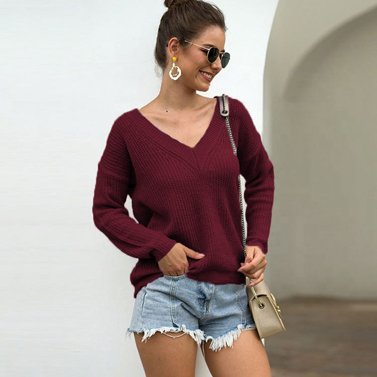 Damen lässiger Strickpullover mit V-Ausschnitt und strukturiertem Muster EB