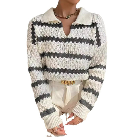 Damen Strickpullover im lässigen Stil mit strukturiertem V-Ausschnitt und hellen Akzenten EB