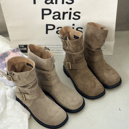 Damen modische Stiefel mit elegantem Riemen und rohem Look EB