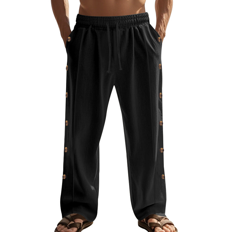Herren nan weite Leinenhose mit seitlicher Druckknopfleiste, elastischem Tunnelzugbund und tiefen Eingrifftaschen EB