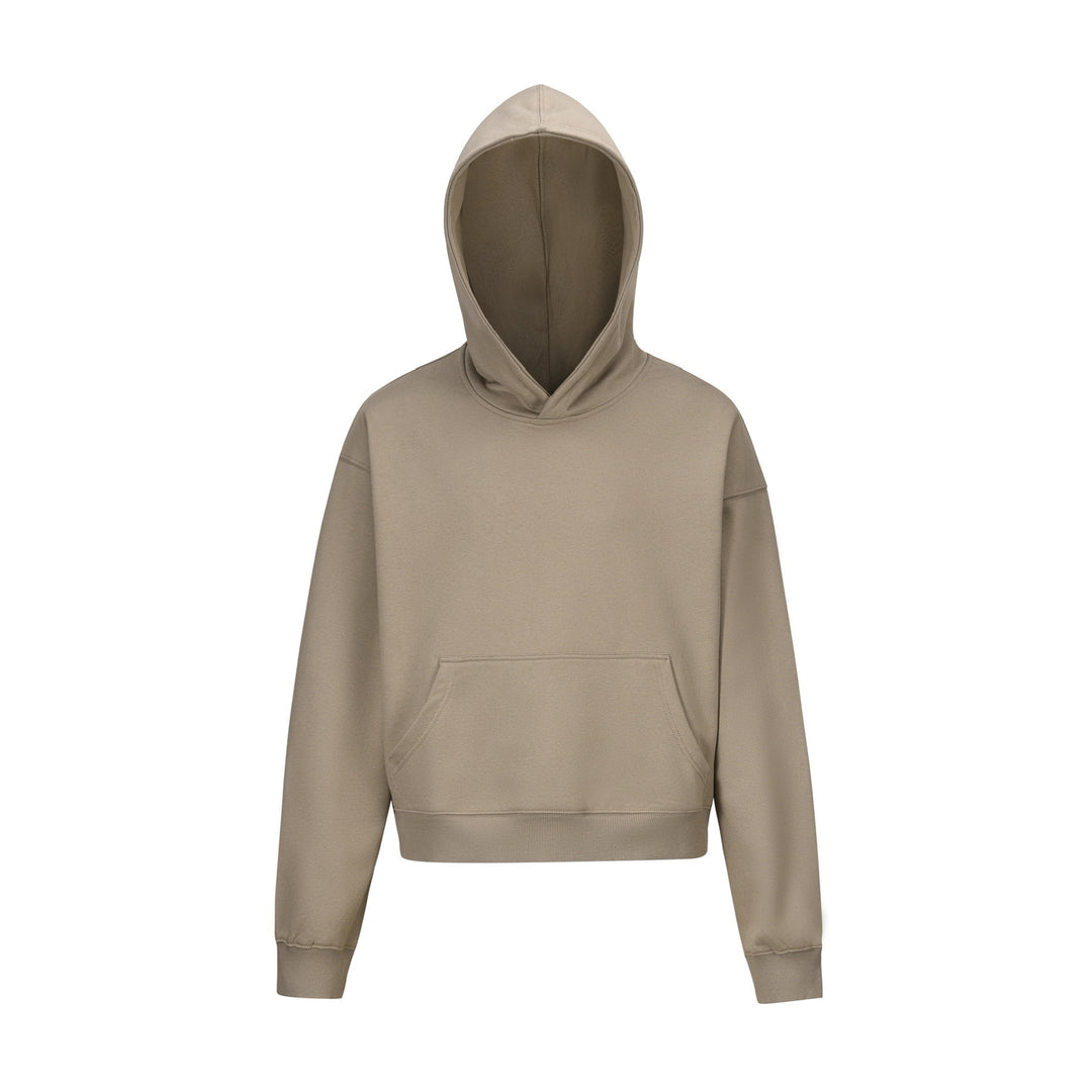Damen nan kurzgeschnittener Boxy-Kapuzenpullover mit Kängurutasche und geripptem Komfortbund EB