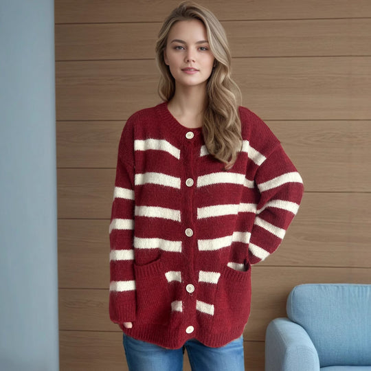 Damen Strickjacke mit dekorativen Knopfdetails und modischem Streifenmuster EB