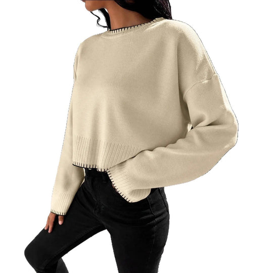 Damen Cropped Strickpullover mit feiner Rippenstruktur und lässigem Schnitt EB
