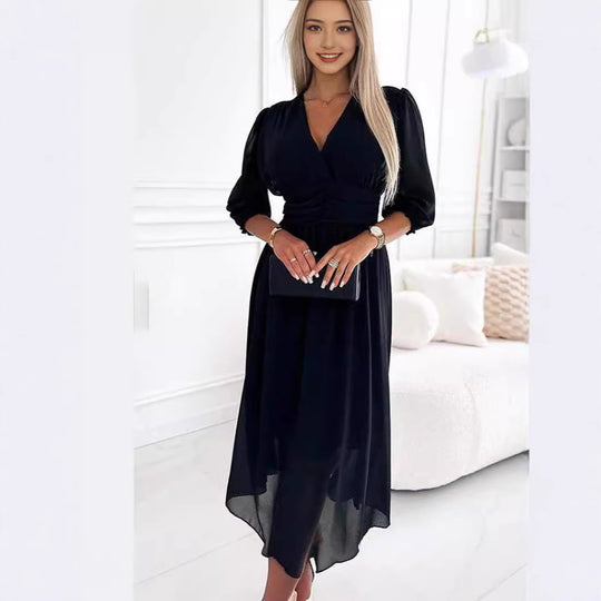 Damen Midikleid mit raffiniertem V-Ausschnitt und Puffärmeln EB