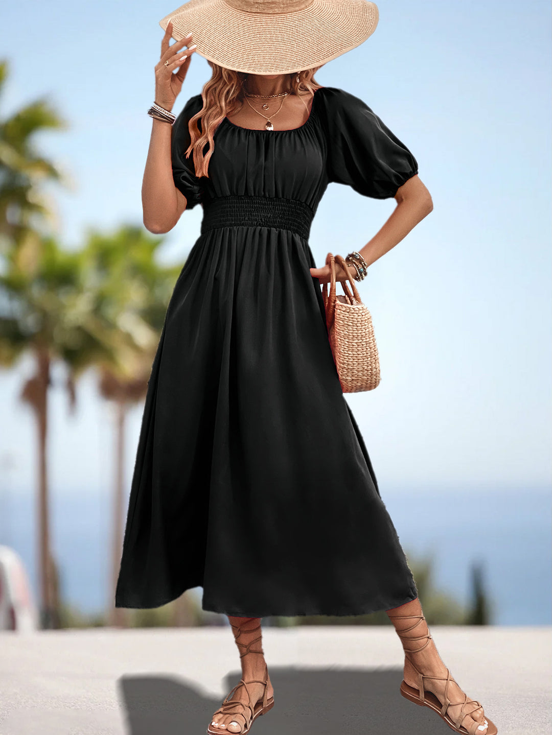 Damen Off-Shoulder Midi-Kleid mit elastischem Bund und voluminösen Ärmeln EB