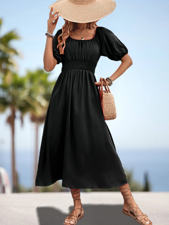 Damen Off-Shoulder Midi-Kleid mit elastischem Bund und voluminösen Ärmeln EB
