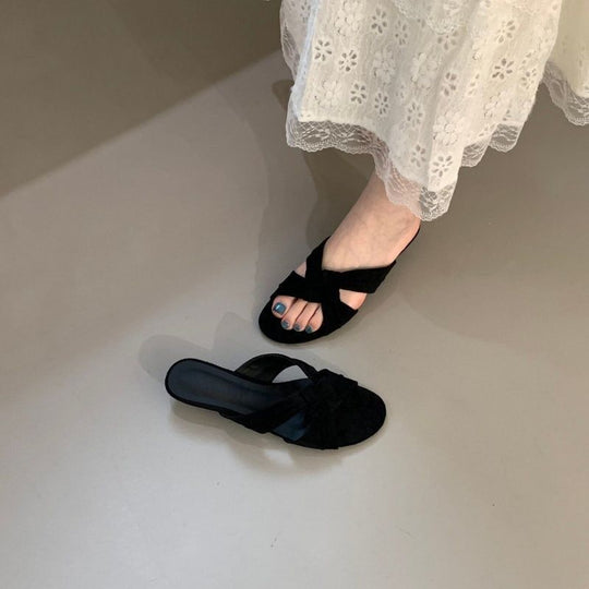 Damen offene Mules mit zarten Riemen und dekorativer Schleife EB