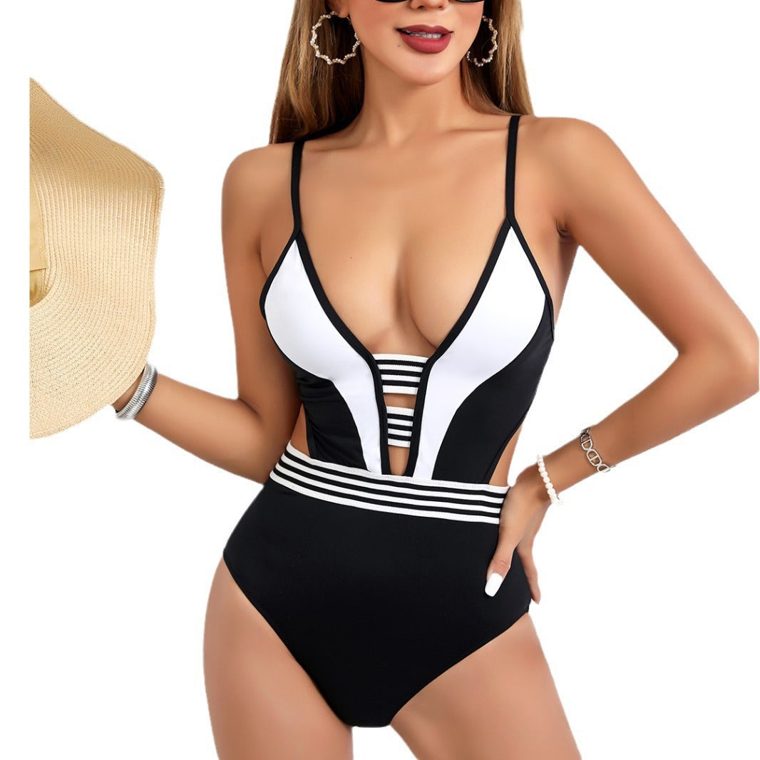 Damen Sportlicher Einteiler Badeanzug mit tiefem V-Ausschnitt und seitlichen Cut-Outs EB