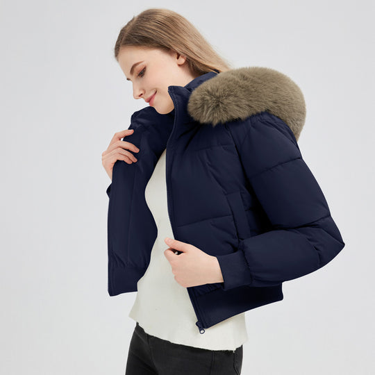 Damen nan kurzer gesteppter Kapuzenblouson mit Webpelzblende und geripptem Saum EB