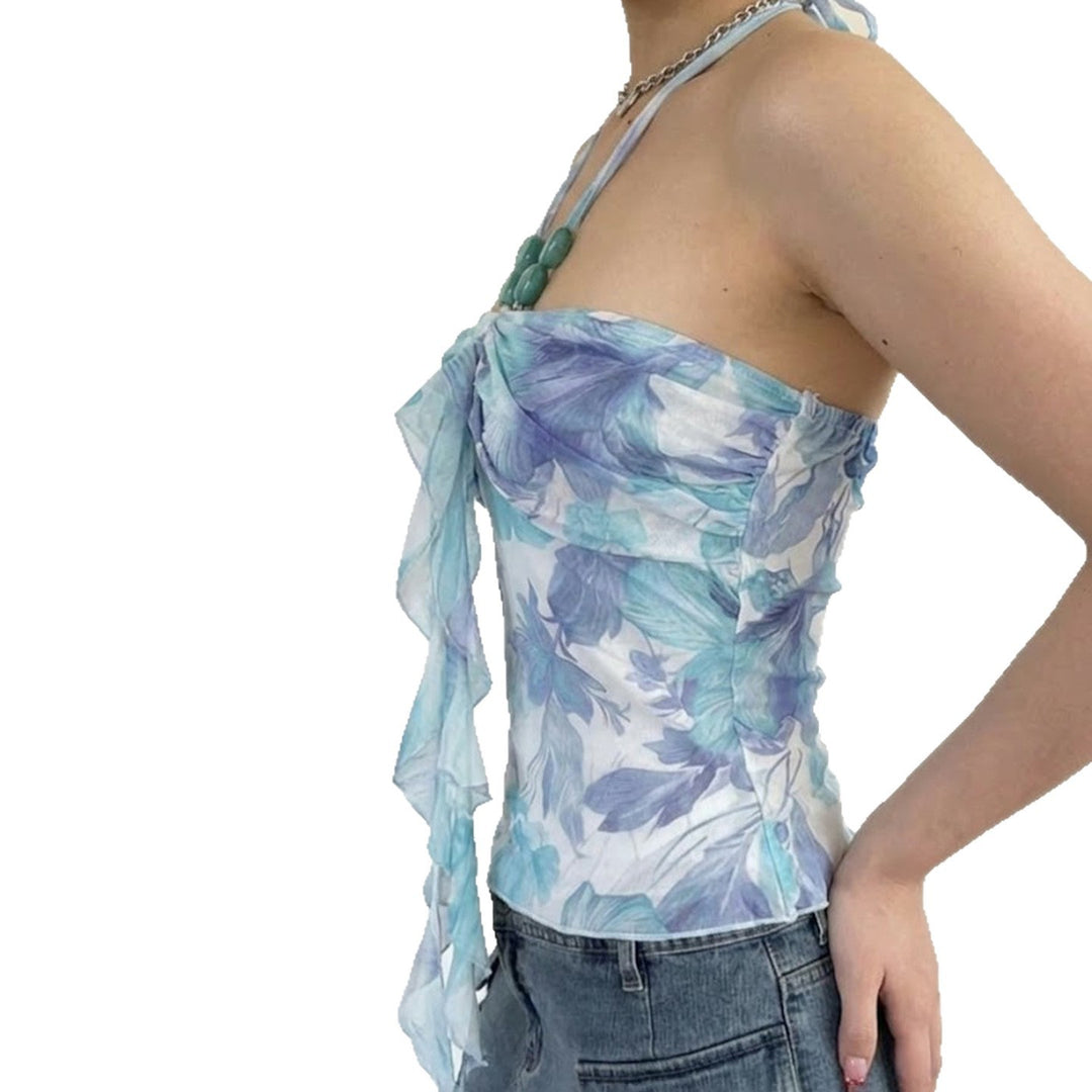 Damen Spaghetti-Trägertop mit floralen Einsätzen und transparenten Rüschen EB