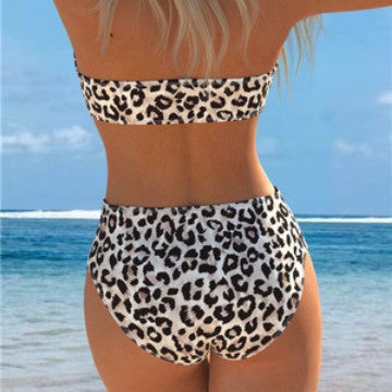 Damen Bandeau-Bikini mit hohem Taillenschnitt und stilvollem Leopardenmuster EB
