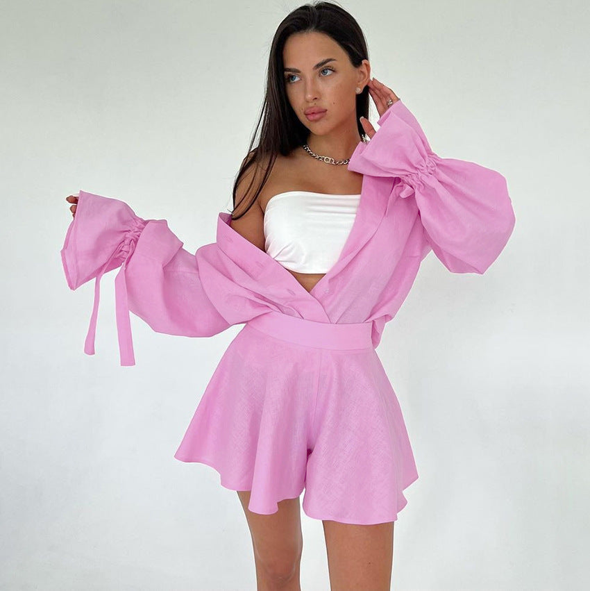 Damen Modisches Freizeit-Outfit mit ballongeschlossenen Ärmeln und Wickelrock EB