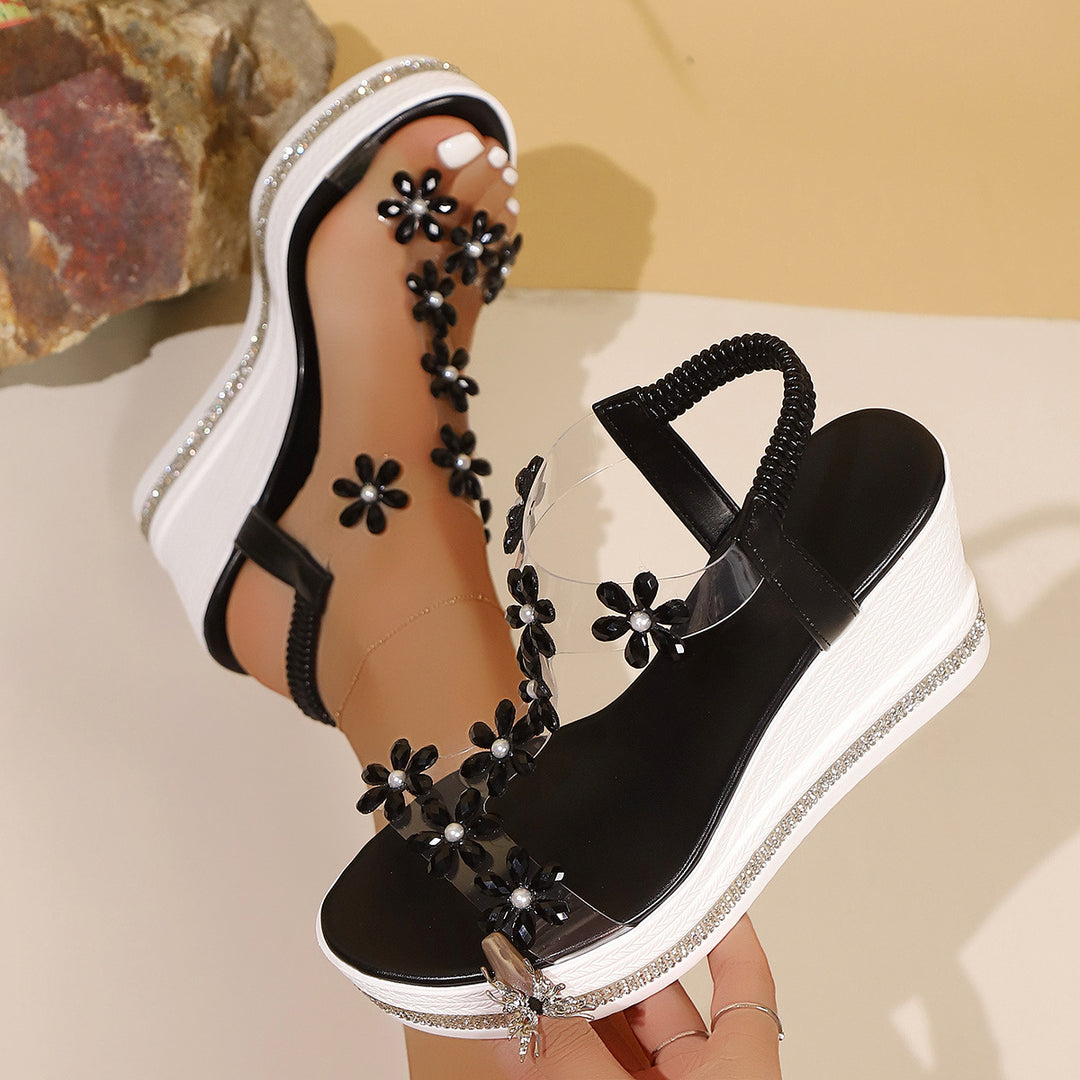 Damen Plateau-Sandalen mit transparentem PVC-Riemen und Blumenapplikation EB