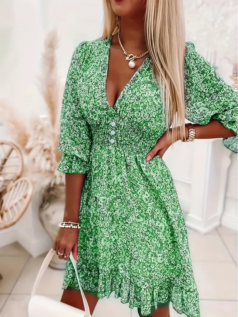 Damen Verspieltes und elegantes Minikleid mit tiefem V-Ausschnitt und Rüschendetails EB
