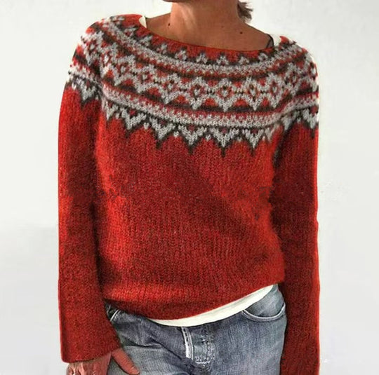 Damen nan melierter Rundhalsausschnittpullover mit kreisförmigem Jacquard-Yoke und geripptem Saum EB