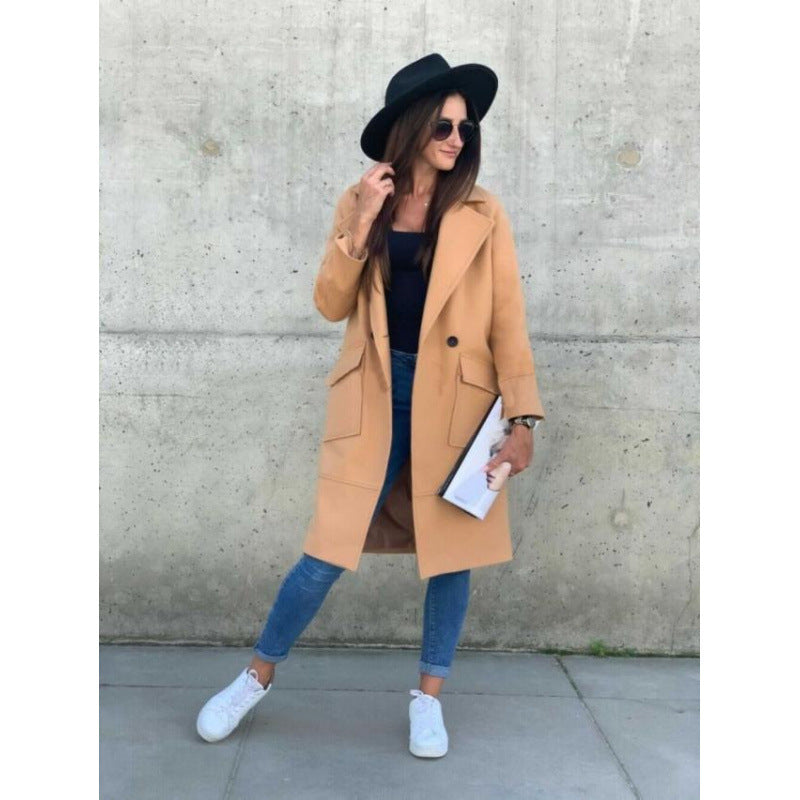 Damen Modischer Longblazer mit tiefem Revers und praktischen Taschen EB
