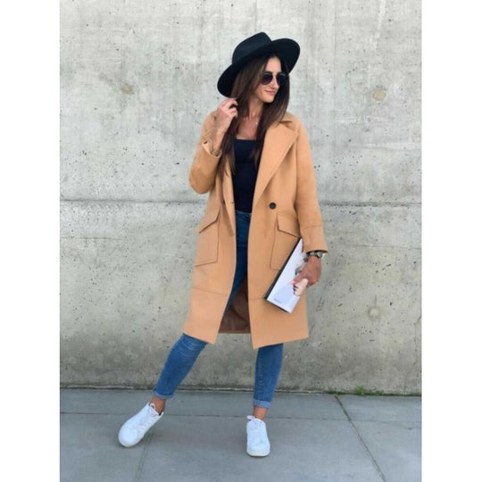 Damen Modischer Longblazer mit tiefem Revers und praktischen Taschen EB