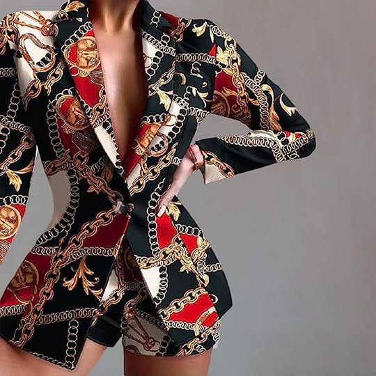 Damen Modischer Blazer mit kurzen Hosen und auffälligem Farbdesign EB