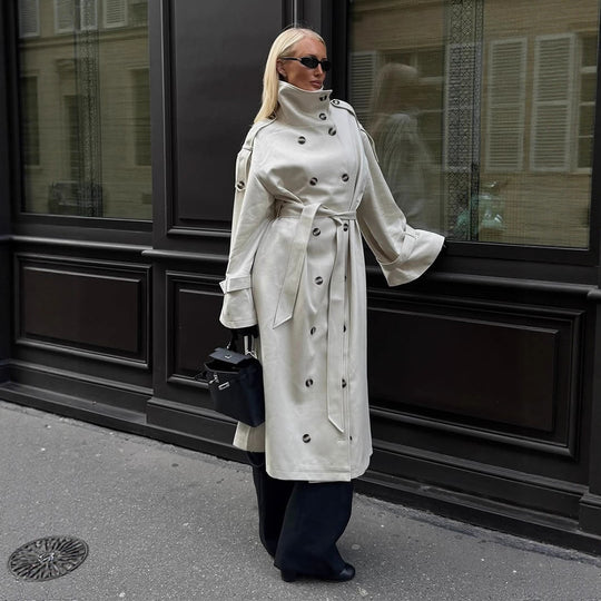 Damen eleganter Mantel mit hohem Kragen und taillierbarem Gürtel EB