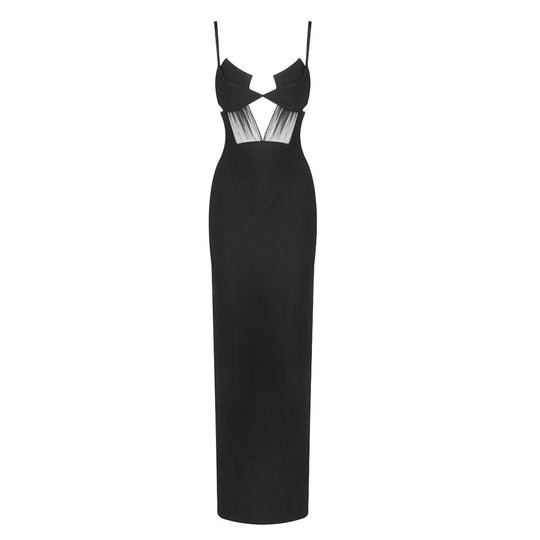 Damen elegantes Cut-Out Maxikleid mit tiefem V-Ausschnitt und transparenten Akzenten EB