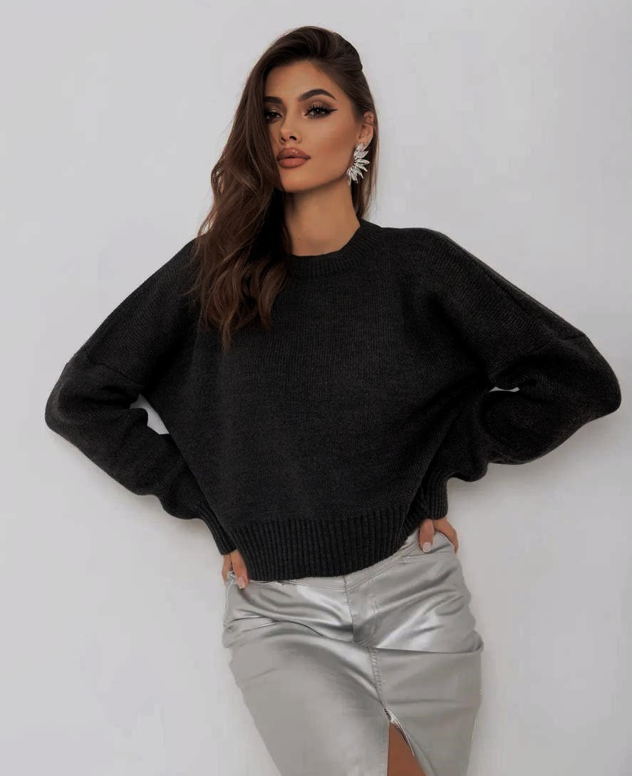 Damen cropped Strickpullover mit voluminösen Ärmeln und Rundhalsausschnitt EB