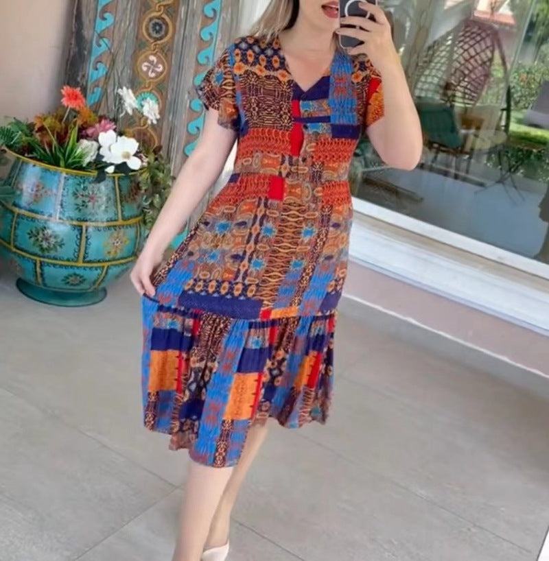 Damen Maxikleid mit buntem Patchwork-Design und luftiger Passform Heidi-Mode