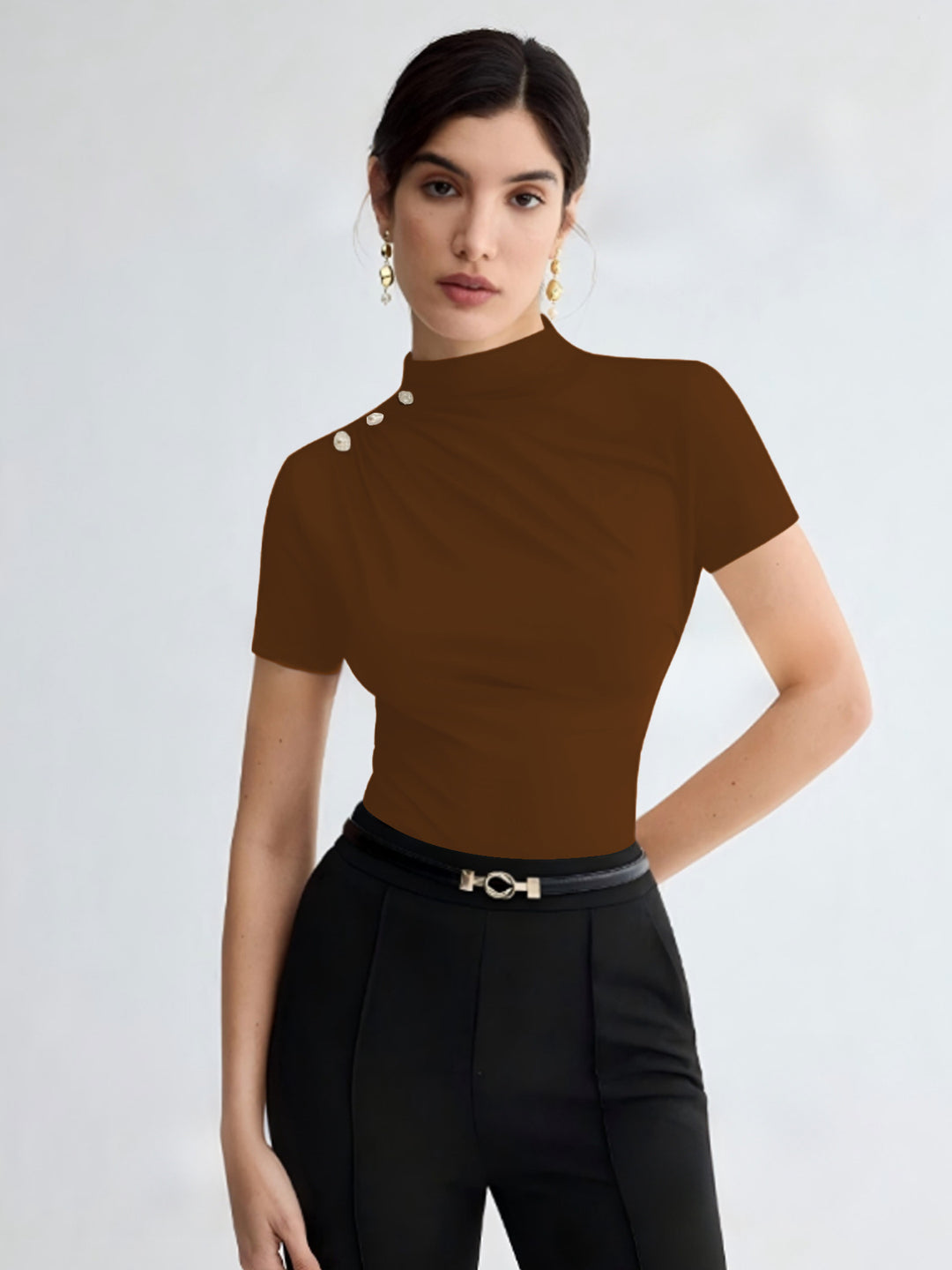 Damen elegantes Oberteil mit dekorativen Knopfdetails und modernem Stehkragen EB