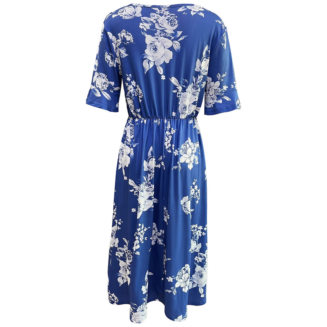 Damen Midikleid mit floralem Muster und elastischem Taillenzug EB