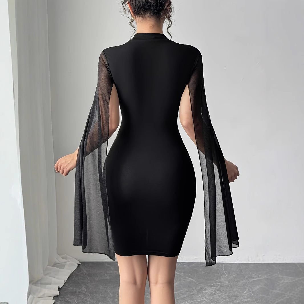 Damen Kleid mit transparenten Ärmeln und floralen Applikationen EB