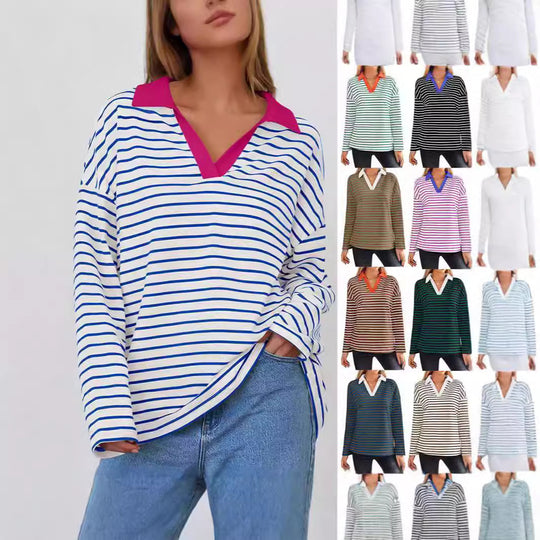 Damen gestreiftes Polo-Shirt mit V-Ausschnitt und kontrastierendem Kragen EB