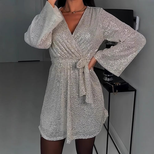 Damen Glitzerndes Abendkleid mit elegantem V-Ausschnitt EB