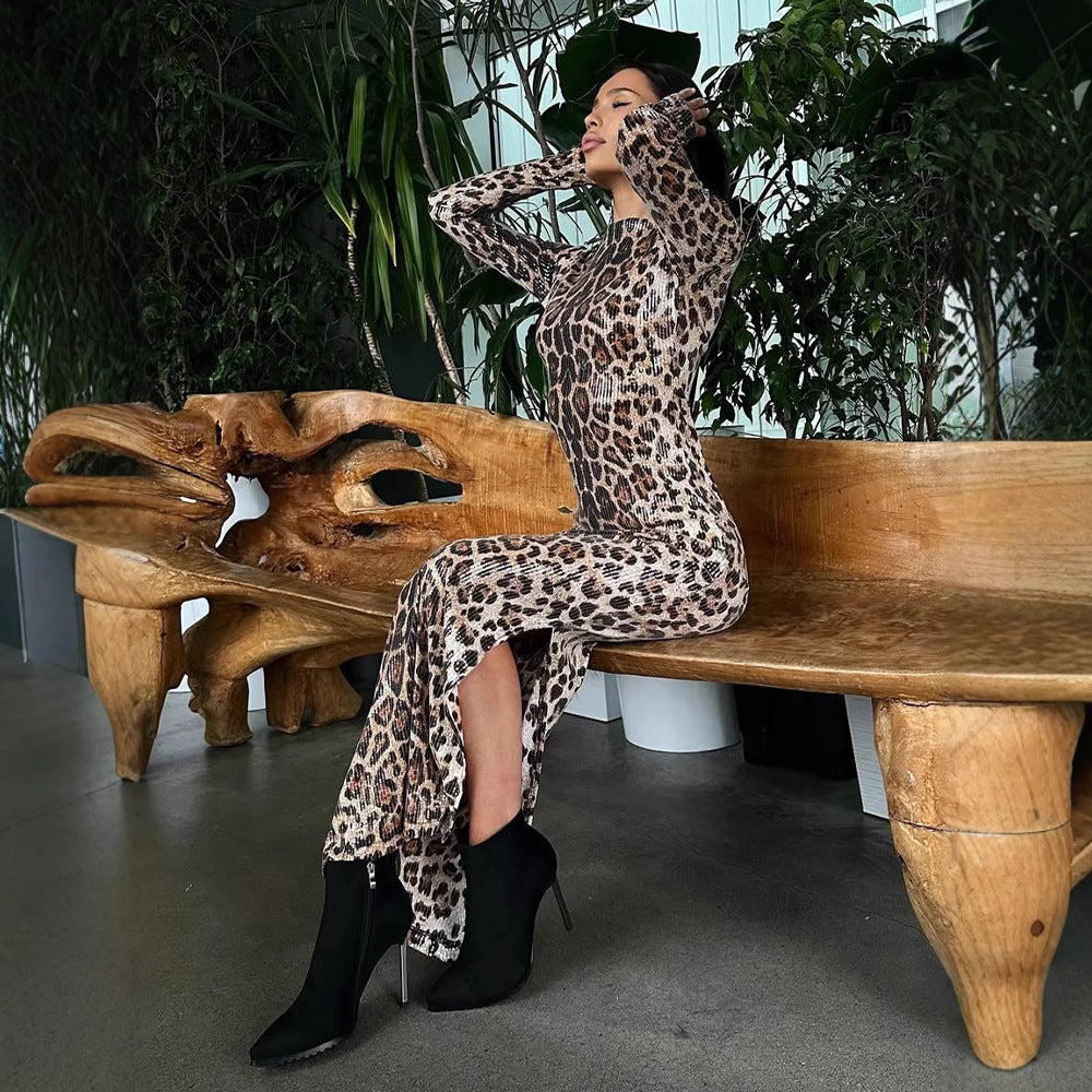Damen Figurbetontes Maxikleid mit Leopardenmuster und hohem Schlitz EB