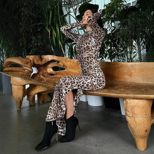 Damen Figurbetontes Maxikleid mit Leopardenmuster und hohem Schlitz EB