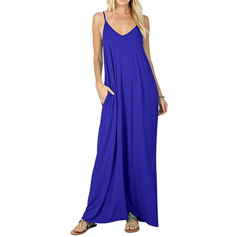 Damen Maxikleid mit spaghettiträgern und praktischen seitlichen Taschen EB