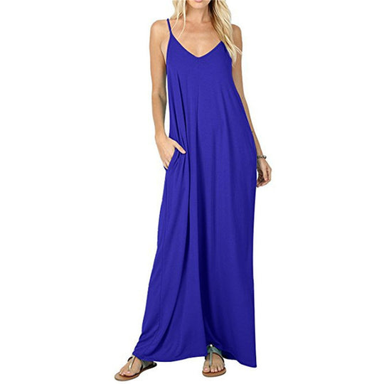 Damen Maxikleid mit spaghettiträgern und praktischen seitlichen Taschen EB